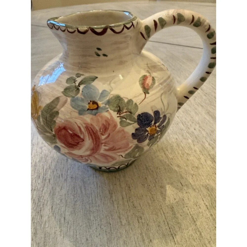 Vintage Ulmer Keramik Pitcher Hand-Painted Floral Art Pottery West Germany 1960s